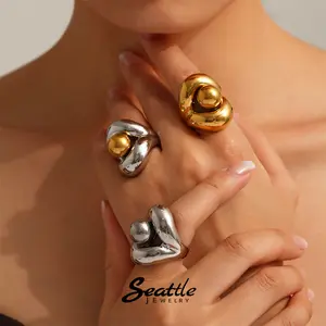 RINGLUX - Gold Color Silver Stainless Steel Ring for Womens Fashion Hollow Out Spherical Chunky Rings Female Punk Luxury Jewelry