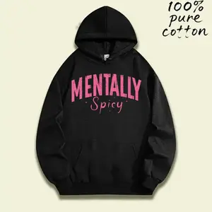 Mentally Spicy Typography Washed Hoodie, Trendy Women’s Oversized Graphic Streetwear Pullover