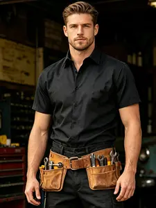 Men's Short Sleeve Work Shirt, Durable Solid Color Collared Button-Up, Versatile Workwear for Mechanics and Construction Workers
