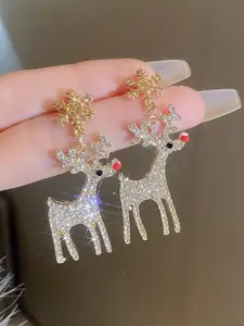 Chic Vintage-Inspired Snowflake & Reindeer Dangle Earrings with Sparkling Rhinestones - Perfect for Parties & Casual Attire, Christmas Earrings