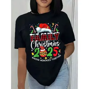 , Family Christmas 2025 Matching Family Xmas Squad Group T-Shirt Patterned Comfortable Cotton Round Neck Short-Sleeved T-Shirt For Men And Women, Seasonal Clothing |   Santa Hat Design |   Stretchable Fabric2025