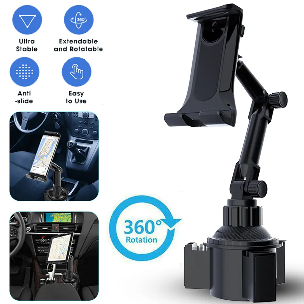Cup Holder Car Tablet Mount for Truck, 360° Adjustable Long 2-Arm Stand Holder for iPad Pro 12.9/11/10.5/9.7/Air/Mini 6/5/4, Galaxy Tab/Z Fold 6/5/4, iPhone 17/16/Pro, 4.7-12.9" Tab &Phone