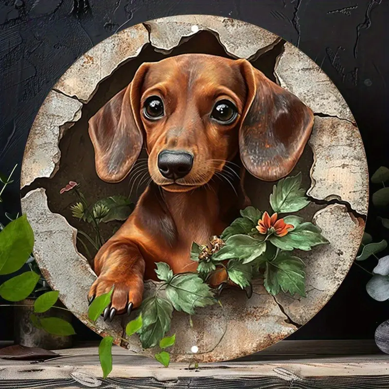 Retro Dachshund Sign 8*8 Inch Round Wall Art with Adorable Puppy & Floral Design, Frameless Poster for Living Room, Cafe, Beach House, Backyard Decor, Indoor/Outdoor Use, Indoor Wall Decor | Playful Dog Design | Durable Wall Art, Dog Decor