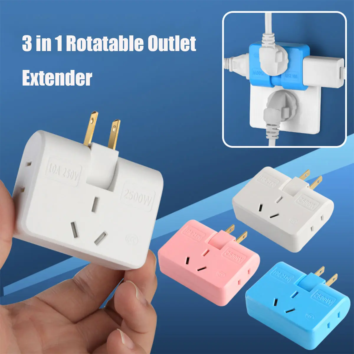 3-in-1 Rotating Plug Splitter, Portable Travel Power Adapter, Outlet Extender for Home & Travel, Portable Travel Adapter