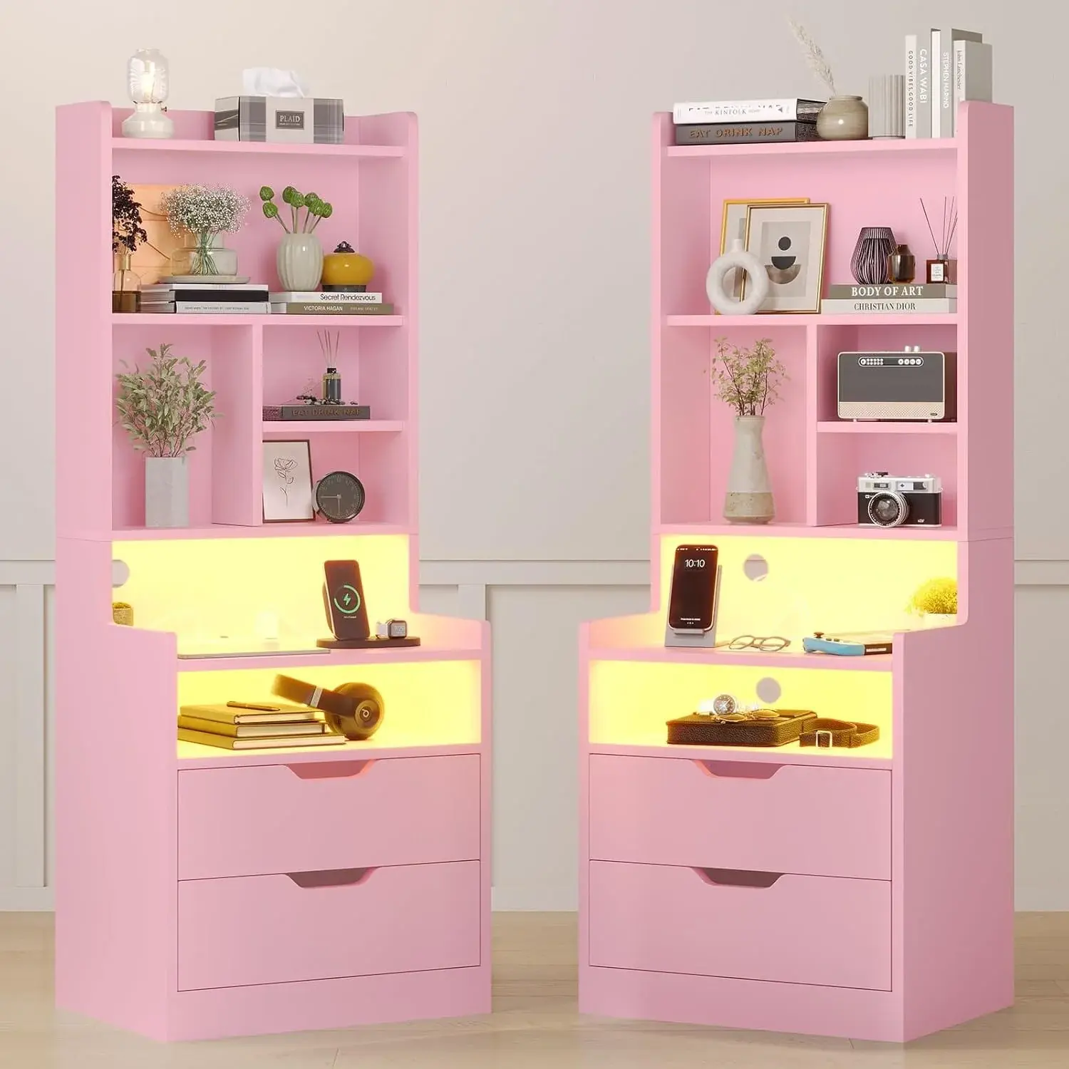 2PCS LED Tall Nightstand with Bookshelf Charging Station Pink