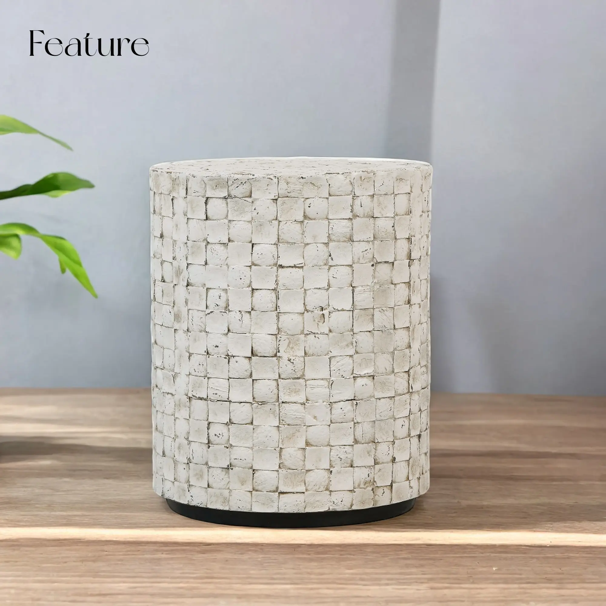 Mother of Pearl Inlaid Square Drum End Table, Nacre Lacquer Drum Side Table, Boho Modern Nightstand, Bedside Accent Table and Vanity Stool (Bohemian)