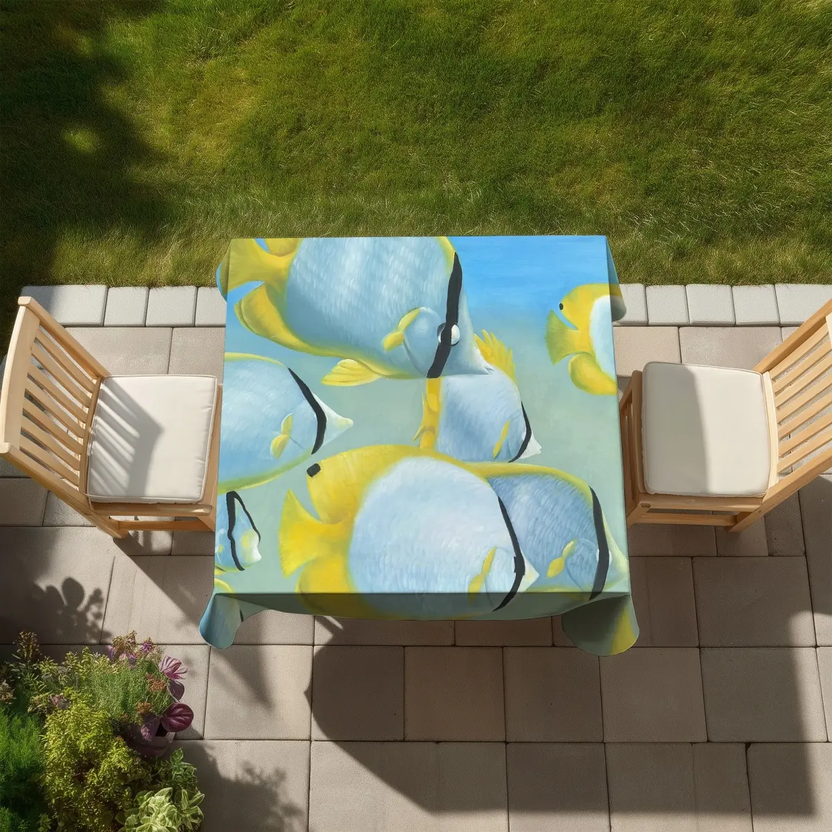 360 stand Hyperrealistic Butterfly & Fish Print Tablecloth, 58x58 in, Indoor-Outdoor Furniture Decor for Outdoor Tables (Model C1TC58588UCJI8), Indoor-Outdoor Tablecloths, Waterproof Resistant Tablecloths