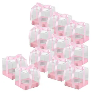 Mini Cake Boxes 3.54x3.54x3.54 inch Clear Cupcake Containers With Ribbon（Red/Pink）