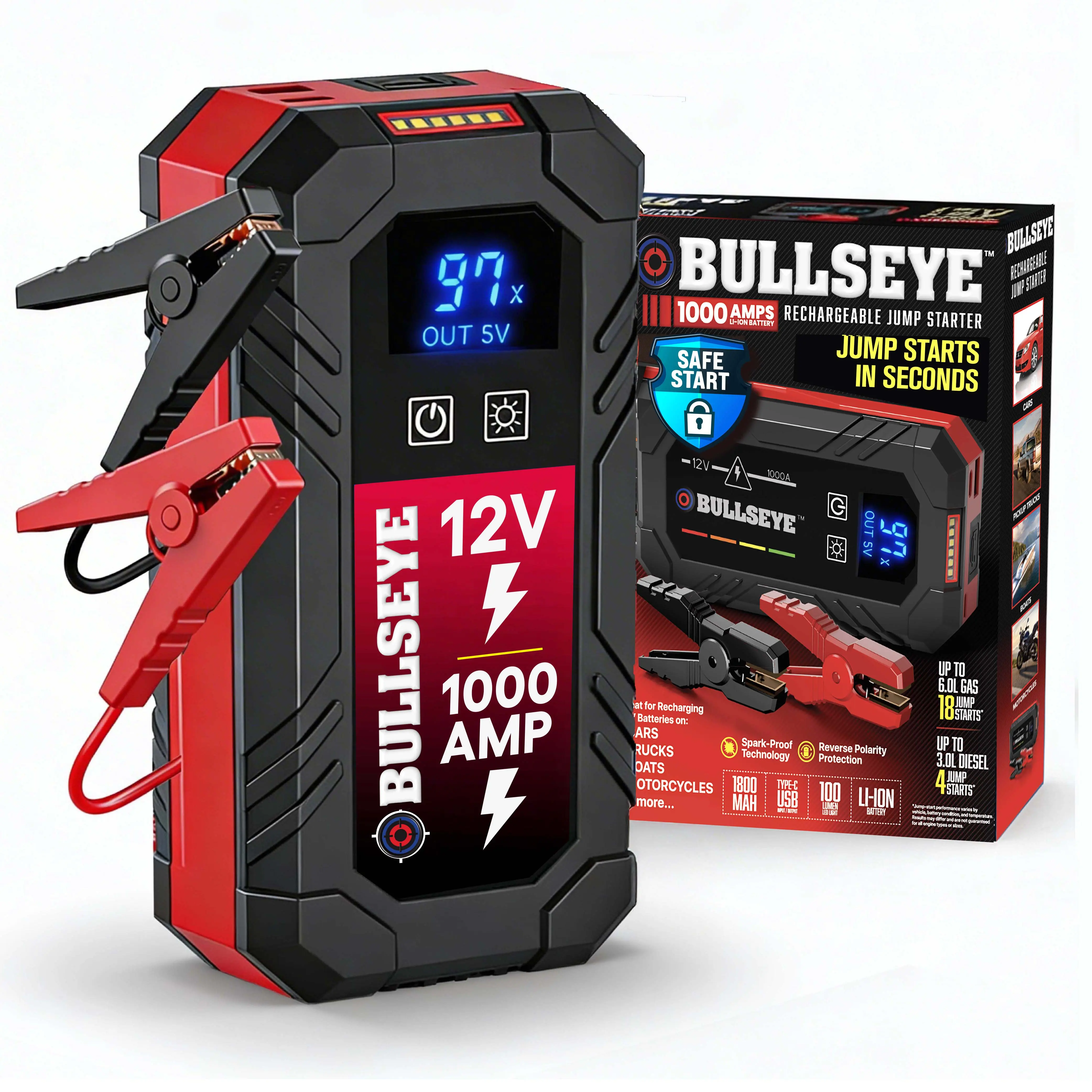 Bullseye Safety XL Rechargeable Jump Starter – 1000A 12V Portable Car Battery Booster Pack with Smart Jumper Cables, USB Power Bank, LED Flashlight for Cars, Trucks, SUVs, Motorcycles