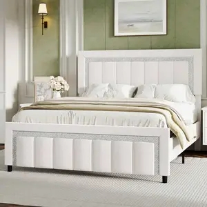 Twin/Full/Queen/King Size  Frame, Velvet Upholstered Platform  Frame With  And Footboard, Vertical Channel Tufted  Design, No Box Spring Needed, Easy Assembly, LED Cloud Headboard Bed tall Gingham Daybed Trundle