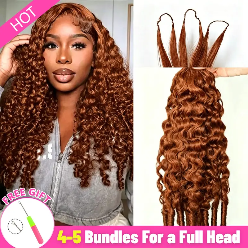 100% Miracle Knots Human Hair Extensions, Bling 40 Strands Reddish Brown 33# Pre-Separated Kinky Curly Clip-In Crochet Braiding Hairpieces, Glueless 20~24 Inches Clip On Hairpieces