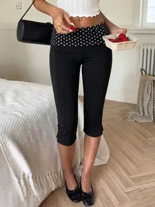 Y2KFoldOverPolkaDotWaistbandSplitHemSoftStretchyJerseySlimFitCapriLeggingsWomenCasualStreetwearDailyWearSummerBasicBottomsTrendyAestheticOutfitsBodyconComfyHighElasticitySkinnyCroppedPantsForClubPartyVacationEverydayStylishWomen’sSoftStretchyBottomWear