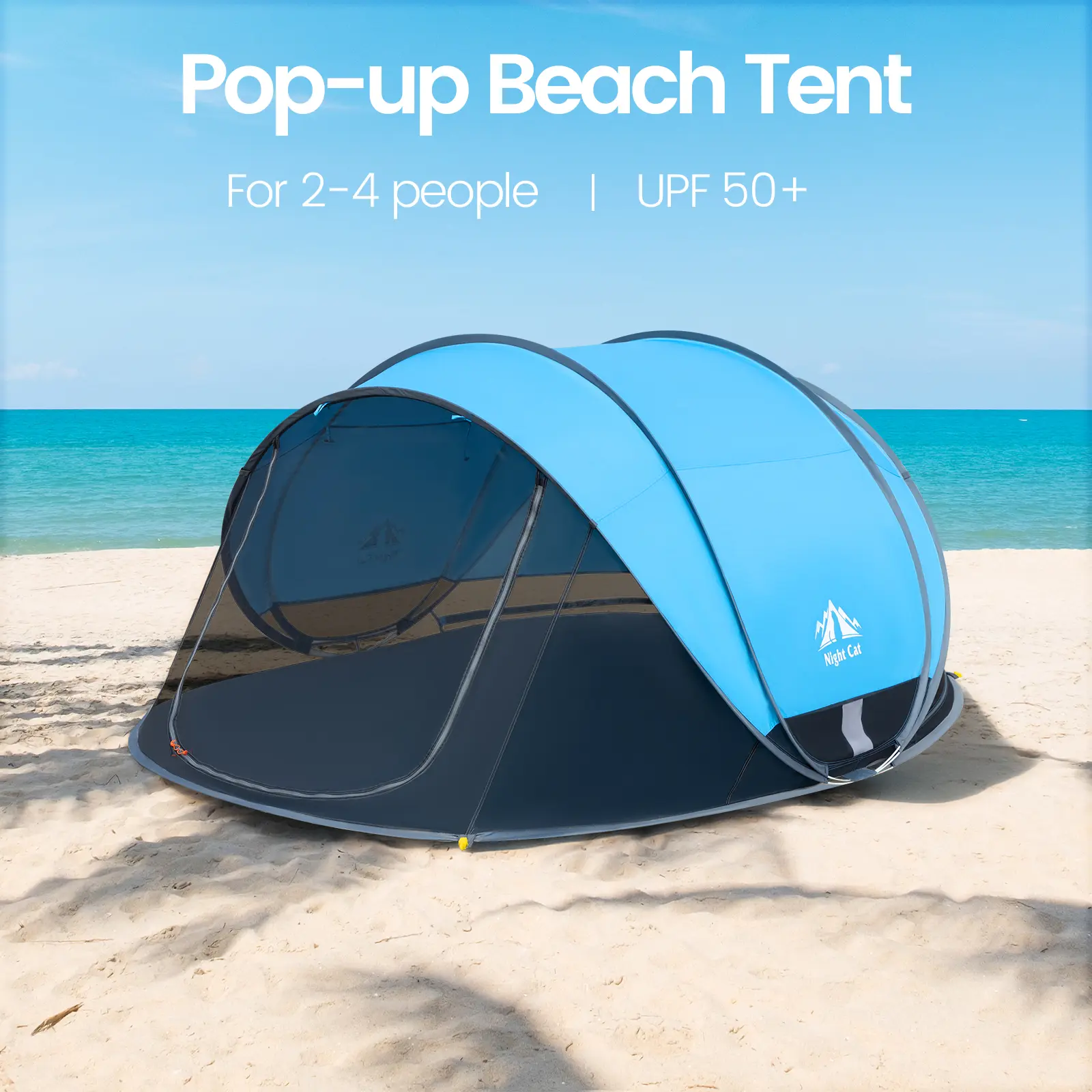 Night Cat Large Pop-Up Beach Tent for 3-4 People Family, Sunscreen Sun Protection Shelter with UPF 50+ Silver Coating, 360° Ventilated Breathable Design Bug-Proof Mesh Panels, Tents For Camping, Family Size, Insect-Proof, Moisture-Proof