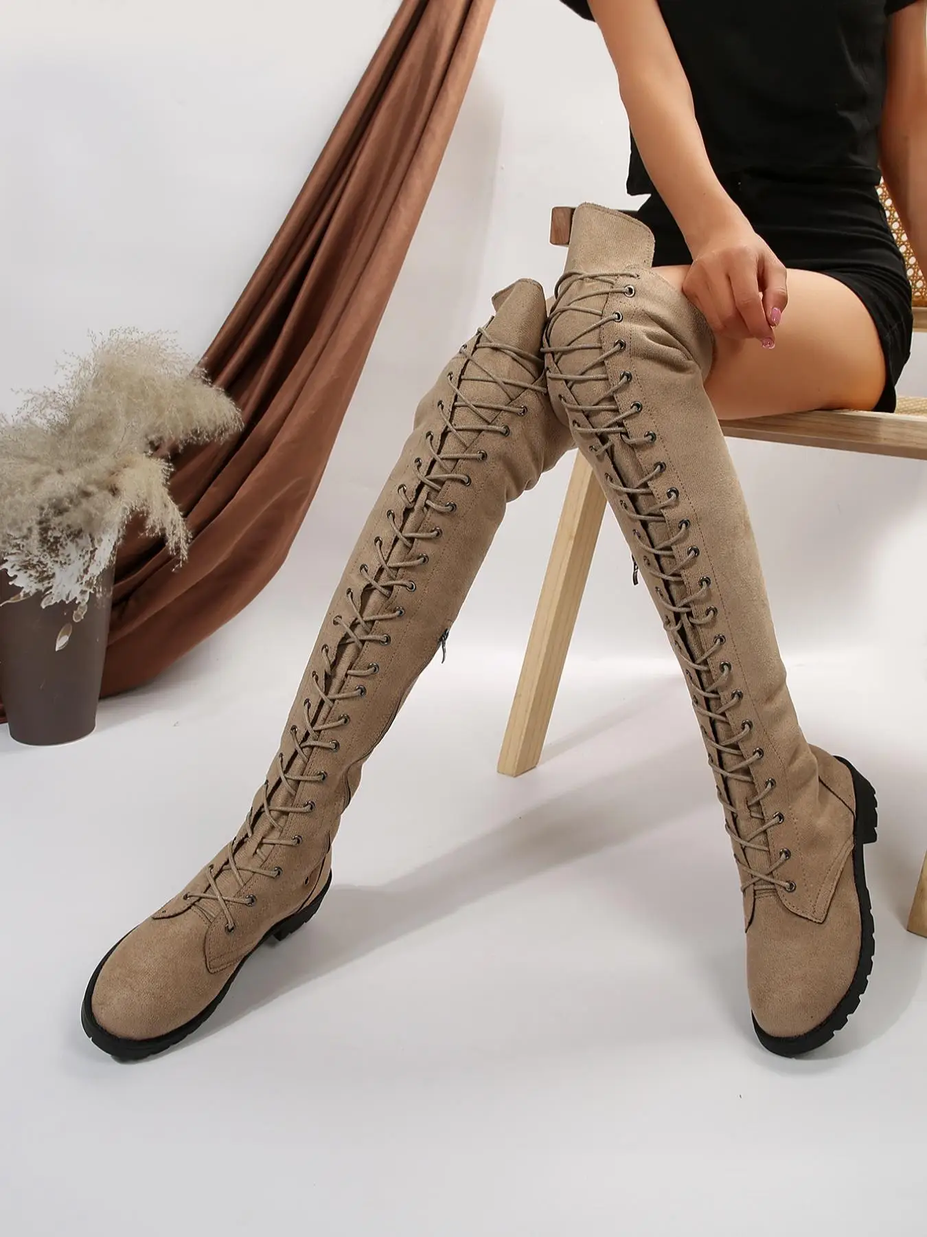 Women's Lace Up Front Simple Over-the-knee Boots, Elegant Fashionable Solid Color Round Toe Boots for Daily Wear, Fashion Shoes for Party, Daily Cloth