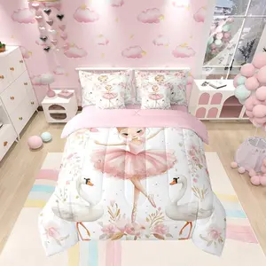 7 Pieces Ballerina Girl Comforter Set,White Swan Bedding Set for Kids Girl Princess Room Decor,Pink Flower Print Bed in a Bag with Comforter,Fitted Sheet,Flat Sheet and Pillowcases