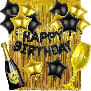 Party Balloons Black Gold Birthday Decorations for Women Men 29pcs Black Gold Star Balloons Foil Fringe Curtains Wine Balloons Boy Birthday Balloon Kits for 21st 25th 27th 30th 35th 40 50 60th
