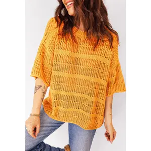Mustard Hollow out Openwork Knit 3/4 Sleeve Sweater