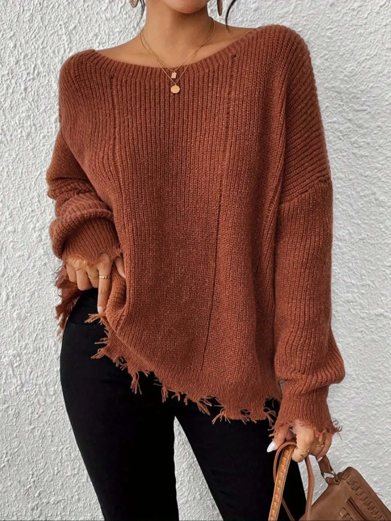 Autumn Winter New Women's Sweater Basic Casual Versatile Ripped Knit Pullover Top, Stylish Ladies Fashion, Perfect for Daily Wear