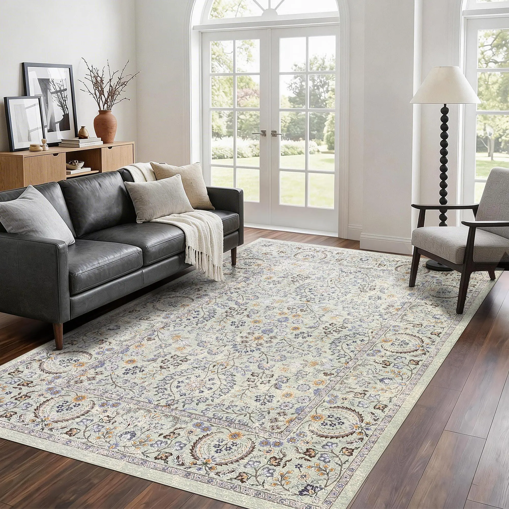 GARVEE 5×7 Rectangular Vintage Bohemian Boho Area Rug, Washable Floral Print, Non-Slip Low-Pile, Stain-Resistant Soft Carpet for Living Room, Kids' Room Decor, Light Green