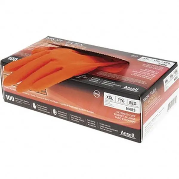 Microflex 2XL Disposable Nitrile Cleaning Gloves, 5.1 Mil, Powder-Free, Orange, Non-Slip Textured Grip, Beaded Rolled Cuffs, Industrial Grade, FDA Approved, 100-Count, Model N485, for Home Cleaning, Organizing