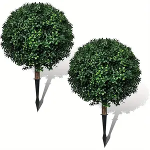 Set of 2 Artificial Boxwood Topiary Ball Tree, 24.5'' Tall Fake Shrub Bushes w Spike, Faux Evergreen Trees for Porch, UV Resistant Artificial Plants for Outdoor Planters Indoor,16.5" Diameter Decorative Tree