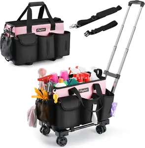 Rolling, Supplies Organizer with Trolley, Wearable Tote Bag on Wheels with Hard Bottom, Carts for Housekeepers/Home/Car/Office/(Pink)