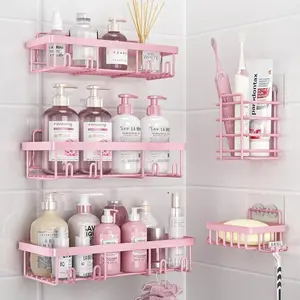 5 Pack Shower  Organizer Rack Shelf for Inside Shower, Adhesive Bathroom Wall Storage Basket Rustproof Stainless Steel Shampoo Holder, Girly Bathroom Accessory Decor Set, Pink