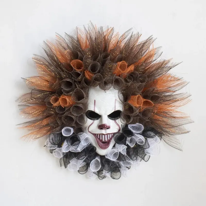 New Halloween Clown Resurrection Mask Wreath Family Holiday Party Horror Decoration Front Door Decorative Wreath