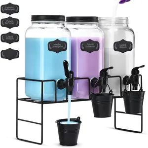 Liquid Laundry Detergent Dispenser, Three 2.2L Laundry Detergent Dispenser Glass Jar for Liquid Detergent, Fabric Softener- Laundry Soap Dispenser for Laundry Room Organization, Black