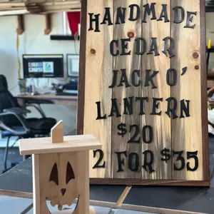 Handmade Cedar Jack-o’-lantern includes tea light!  Great for outdoor stair decorations .