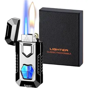 Torch Dual Flame Lighter - Fashion Design, Refillable Butane Lighter with Visible Fuel Tank, Windproof Adjustable Soft and Jet Flame for Men & Lady - Ice Black