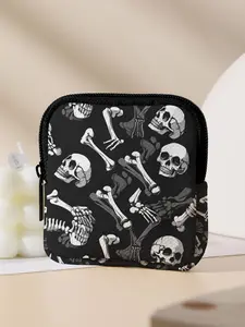 Skull Pattern Printed Coin Wallet, Multifunctional Storage Bag, Durable Polyester, Digital Printing, Key Card Holder, Zipper Wallet Design, Ideal Gift