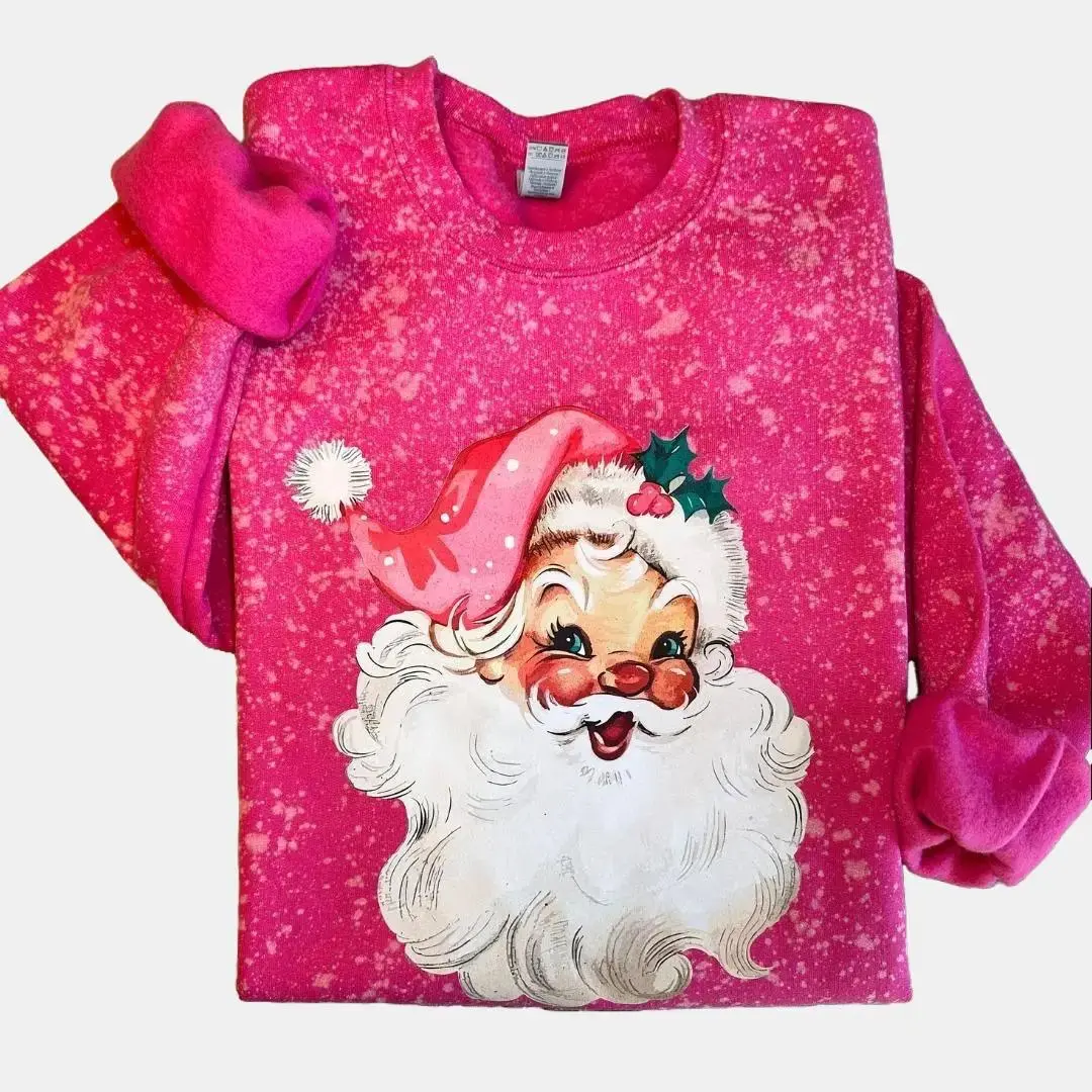 Bleached Vintage Santa Sweatshirt- Holiday Festive Sweater- Christmas Sweatshirt- Pink Retro Santa