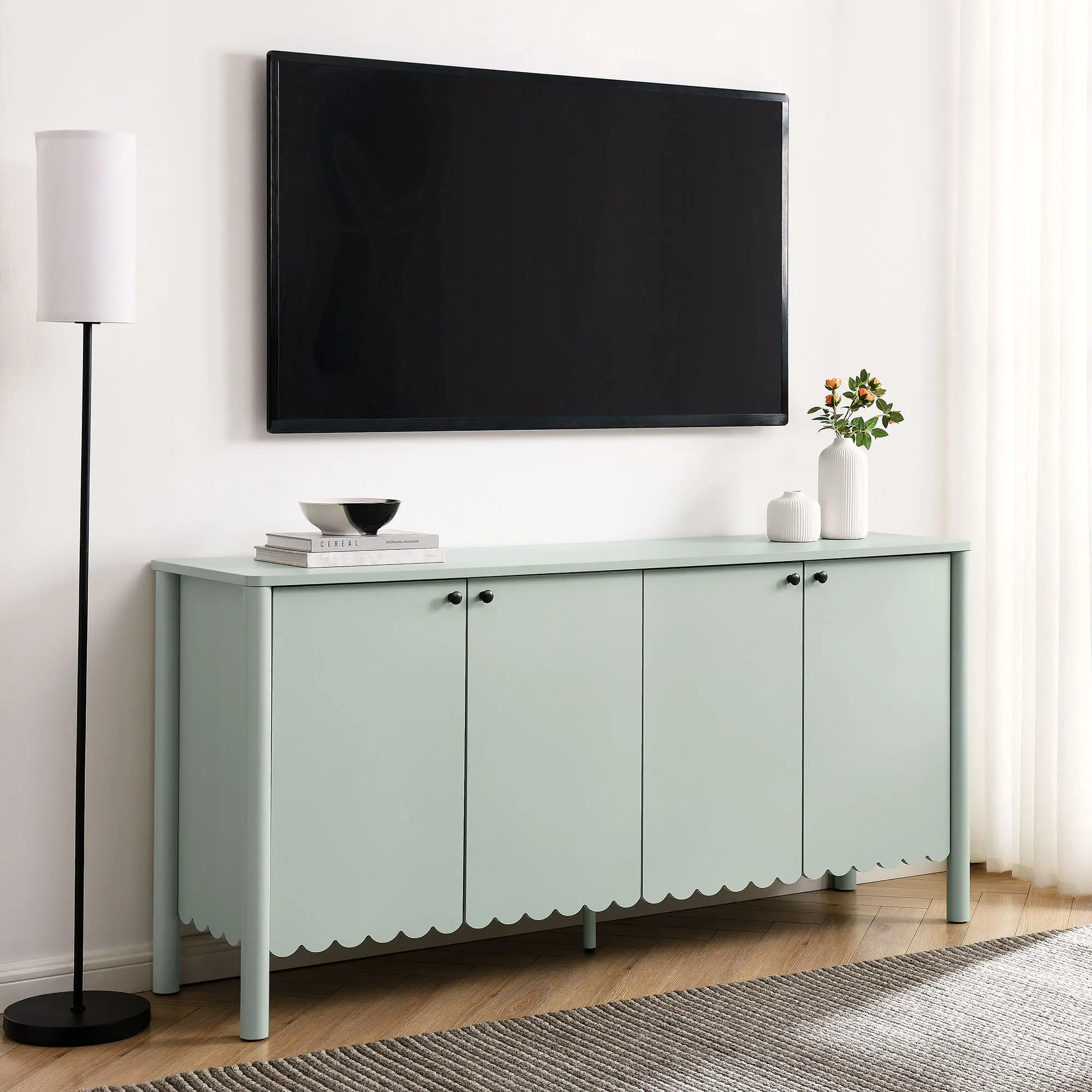 Emmeline 66" 4-Door Scalloped Sage Sideboard Storage Cabinet - Modern Credenza, Coffee Bar Solution, Modern Credenza Cabinet, Coffee Bar Cabinet
