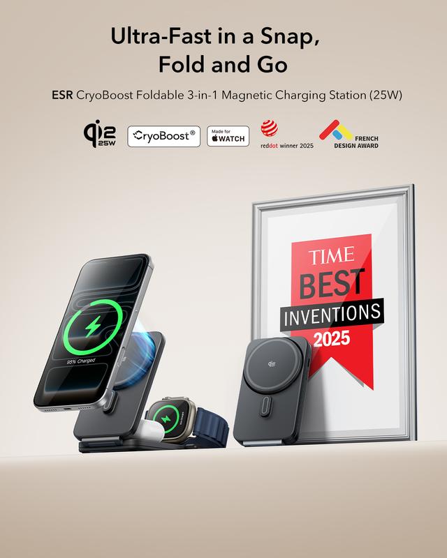 ESR 3 in 1 Charging Station for Apple, Qi2.2 25W MagSafe Charger with CryoBoost, Phone-Cooling Wireless Charging Station Foldable, for iPhone 17/16 with iOS 26(50W Adapter), AirPods, Apple Watch,Black