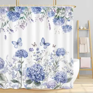 JAWO Summer Hydrangea Floral Shower, Blue Colourful Floral Plants Shower Curtains, Waterproof Farmhouse Bath Includes 12