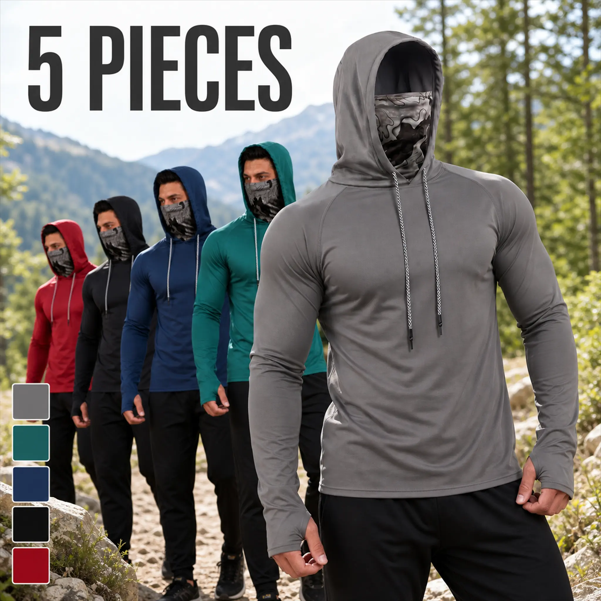 Men's UPF 50+ Hooded Sun Protection Shirt - Travel Hoodie, Lightweight Sportswear Top, Moisture Wicking Outdoor Apparel with Adjustable Drawstring, Thumb Holes, Camouflage Face Cover, Polyester Clothing