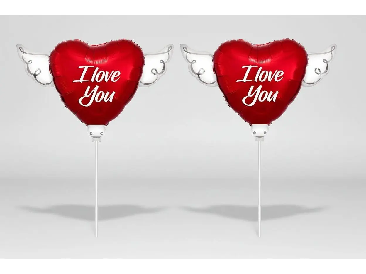 I Love You Memorial Balloon on a Stick 8" – Heart with Angel Wings | 2-Pack Graveside