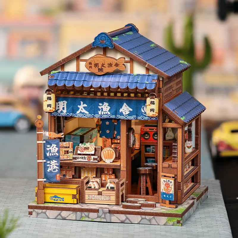 DIY Miniature House Kit, Japanese Seafood Shop Dollhouse, Fukuoka Mentaiko Kitchen, 3D Wooden Puzzle Craft, Desk Decor Gift