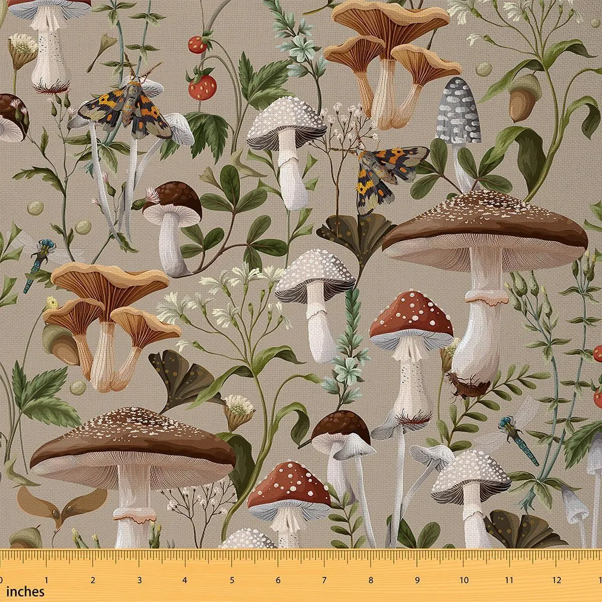 Mushroom Fabric Watercolor Wild Jungle Plants Rustic Style Sewing Supplies Wild Dragonfly Moth Cute Strawberry Fabric DIY Soft Flannel Polyester No Stretch