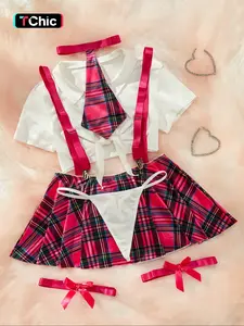 Co-ord sets for women Sexy Preppy Cosplay Set for Women, Plaid Pleated Skirt & Solid Color Short Top, Fitted All-Season, Ideal for Students