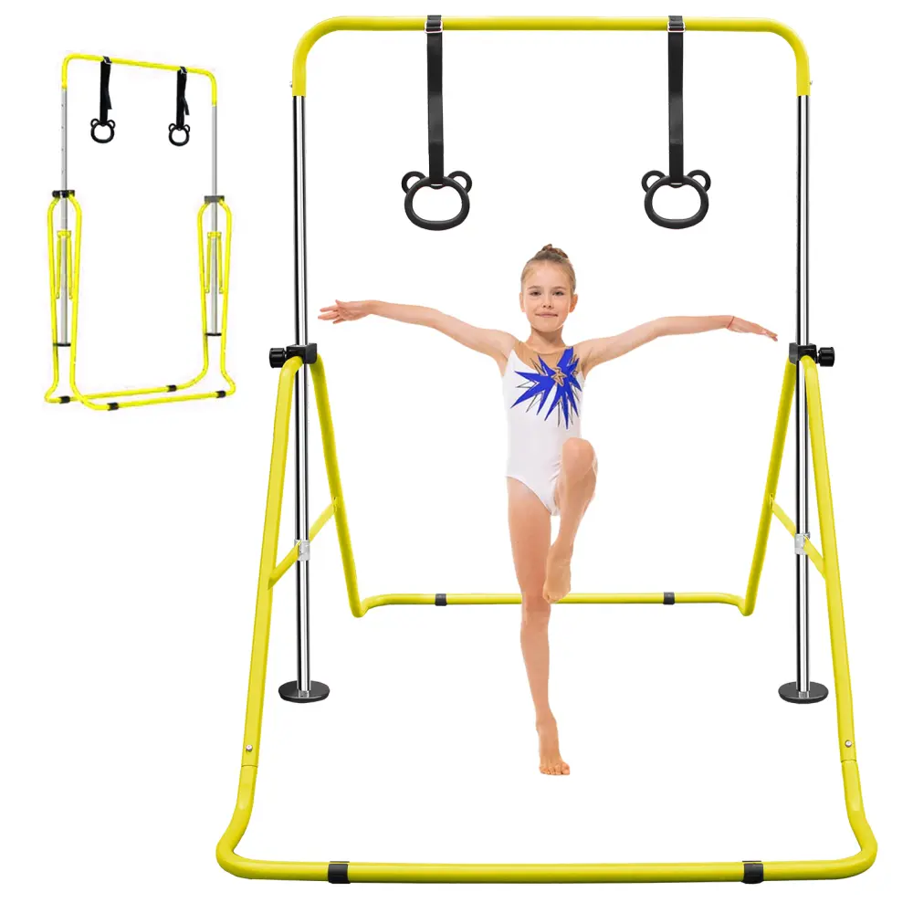 Children's Height Adjustable Steel Frame Gym Bar, Multi-Functional Yellow Indoor Horizontal Gymnastic Bar With Bear Rings, Requires Setup