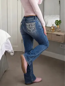 Women's Mid-Waist Slim-Fit Flare Jeans with Stunning Embroidered Back Pockets for Shaping, Women's Bottoms