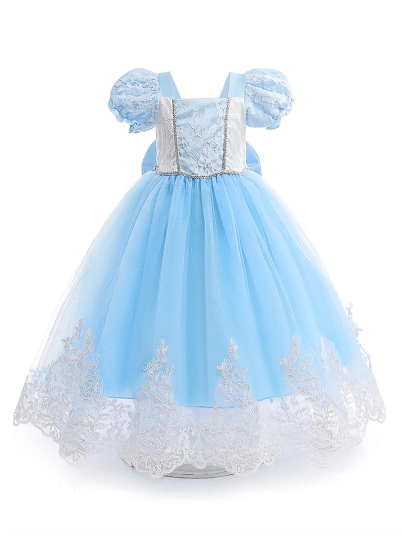 Sky Blue Embroidered Cartoon Cosplay Costume for Parties Fancy Carnival Party Holiday Bow Kids Clothes Princess Girls Long Ball Gown Children Cocktail Dress for all Season 3 to 10 Years