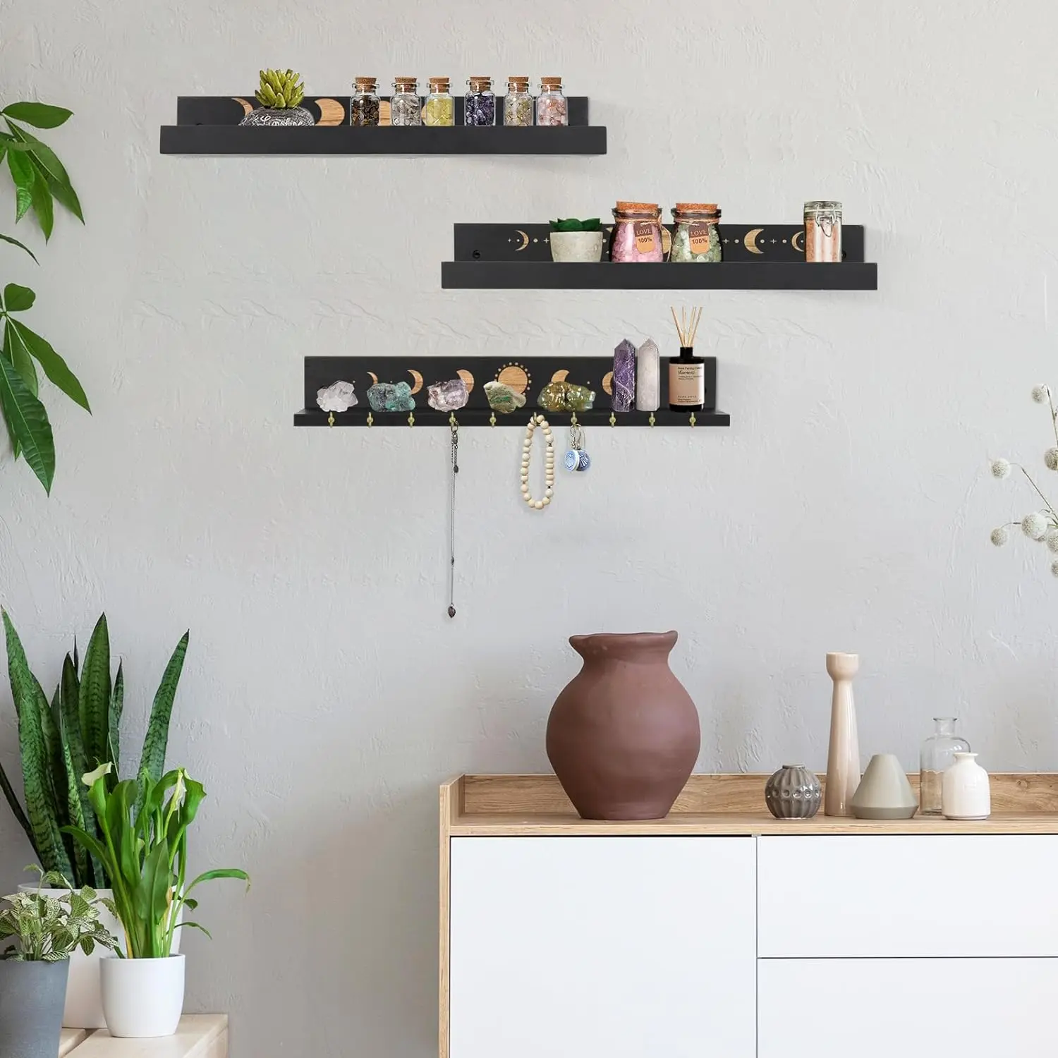 Moon Phase Floating Shelves Set of 3, Wooden Wall Mounted Shelves with Hooks for Crystal Display, Plants, Jewelry & Home Decor