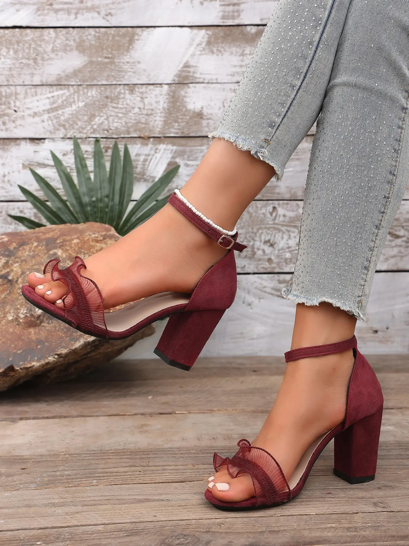 Women's Fashion Classy Mesh Ruffle Decorated Heeled Sandals, Buckle Ankle Square Toe High Heels, Elegant Comfortable Dating Shoes