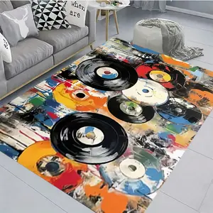 Vintage Vinyl Record Print Polyester Rug, Non-Slip, Retro Style Indoor Carpet, Perfect for Entryway, Living Room, Music Area Decor