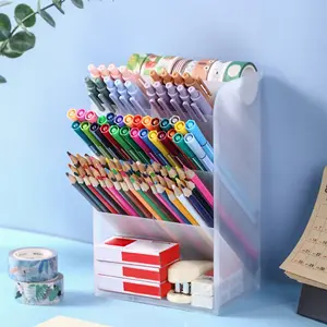 1pc 9 grids Transparent Frosted Double Layer Multifunction Large Capacity Pen Holder