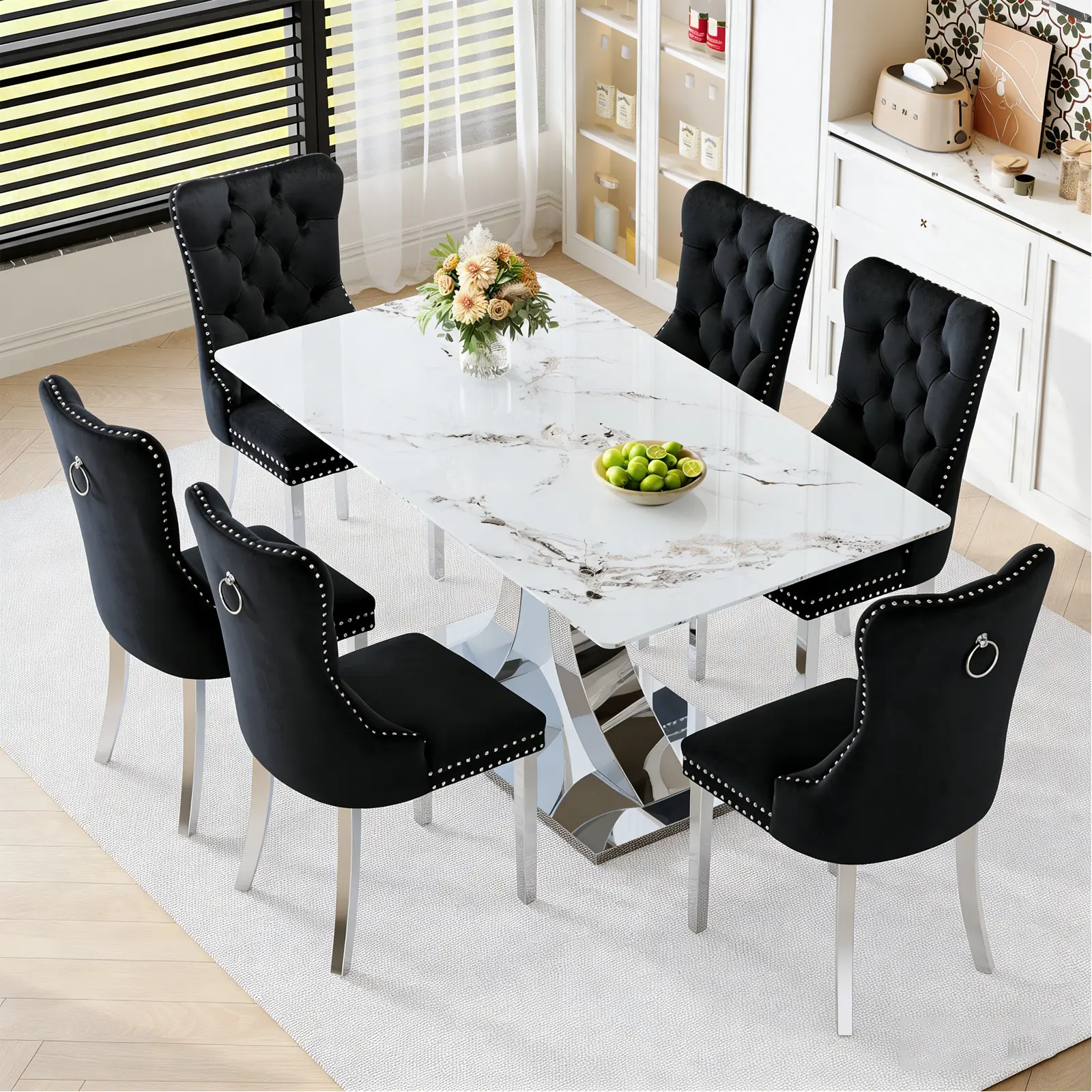 1 Table+6 Black Silver Metal Chairs