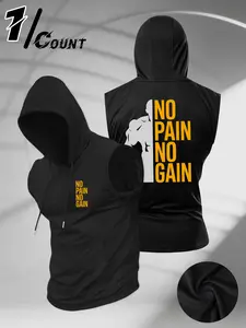 Men's hooded Stringer gym vest, Athletic Fashion Activewear, featuring "painless no gain" and muscle contour pattern print, with hooded drawstring design, for fitness and summer workouts, and durable print for fitness enthusiasts